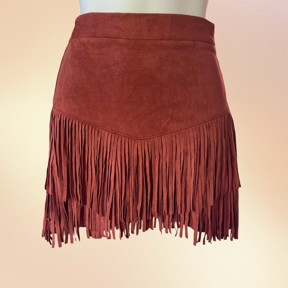 Boho Western Fringe Faux Suede Mini Skirt Altar’d State Rust Festival Size M